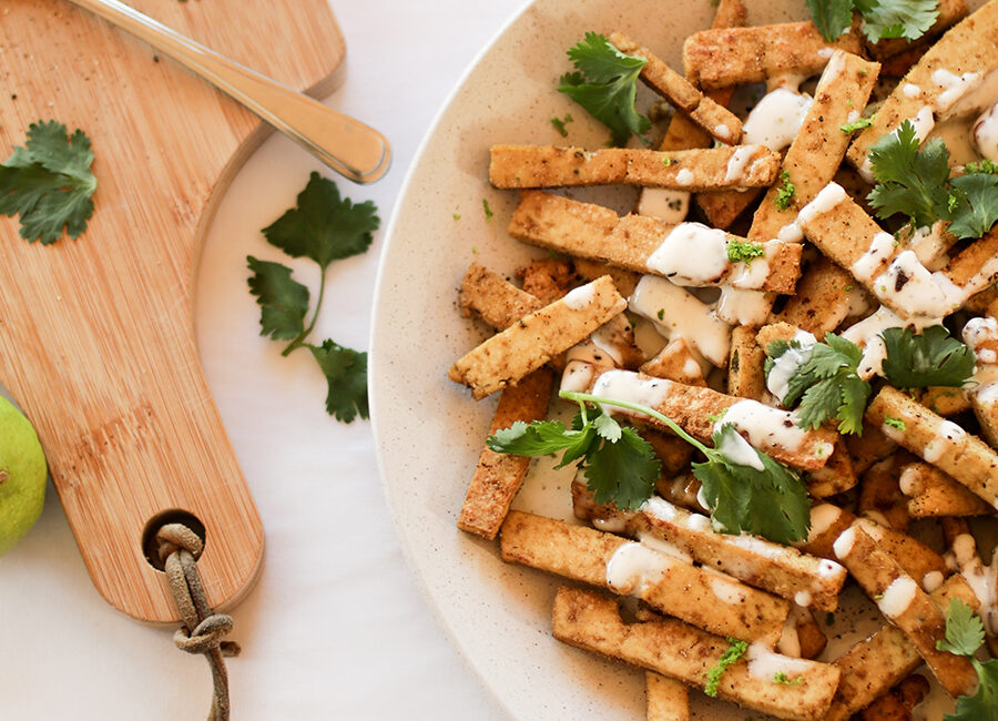 Juliennes de tofu au cumin et sa mayonnaise lime & poivre