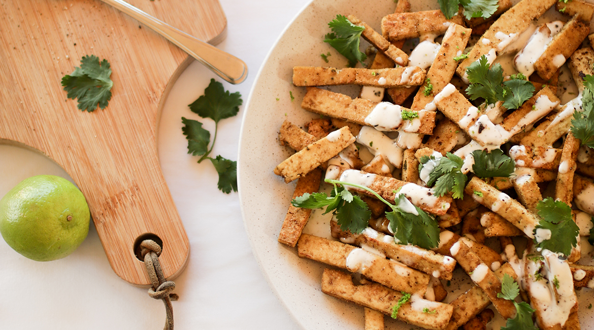Julienned cumin Tofu with lime & pepper mayonnaise