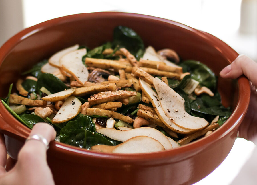 Spinach salad with pears and tofu sticks, “Love Salad”