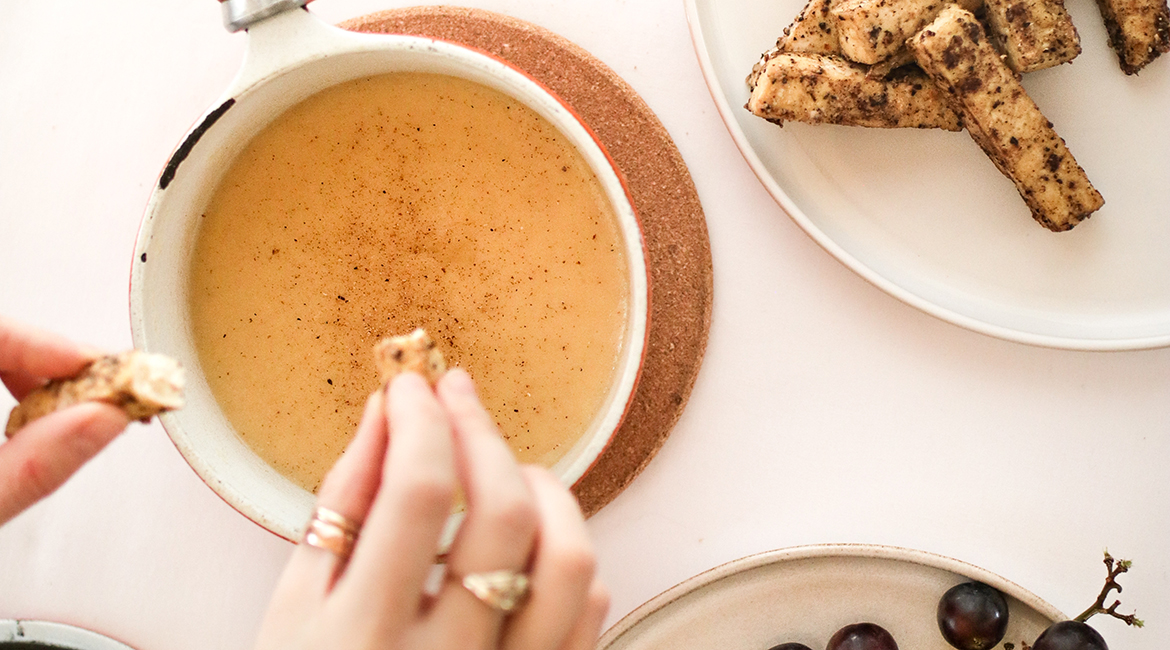 Swiss fondue & allspice tofu sticks