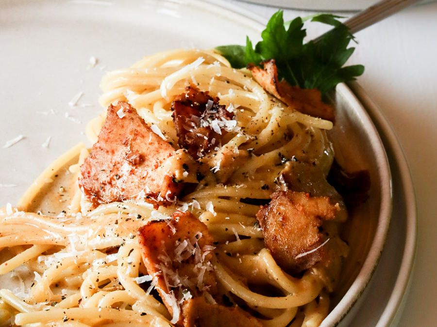 Pâtes carbonara à la pancetta de tofu