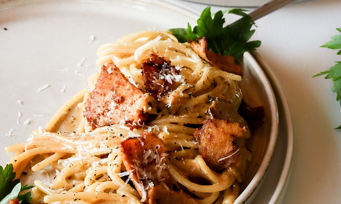 Tofu Pancetta Carbonara Pasta