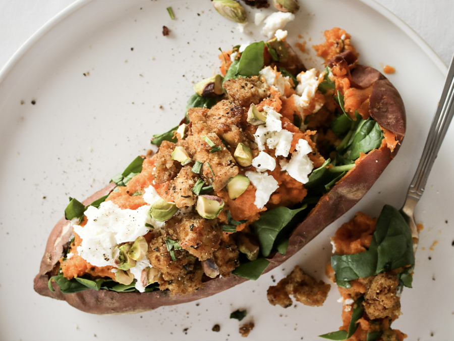 Sweet potato stuffed with goat cheese, pistachios, chives & tofu