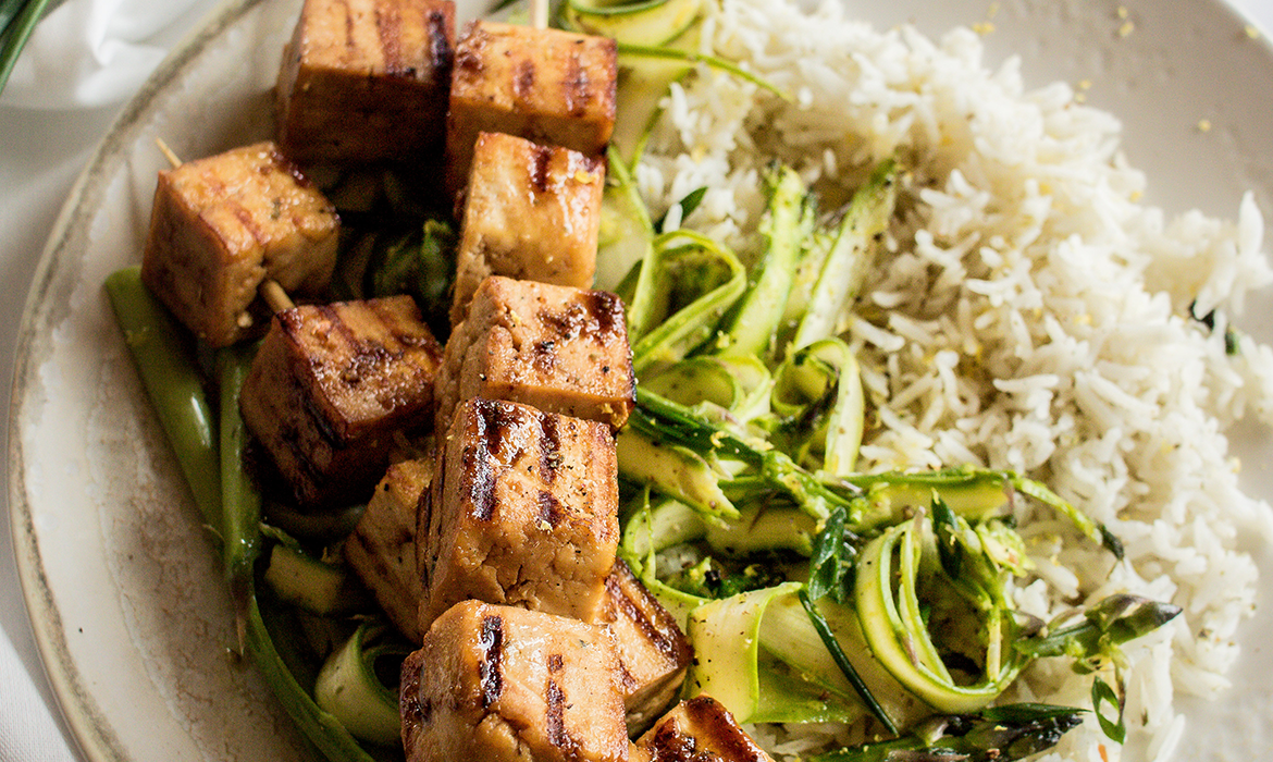 Teriyaki Tofu Skewers with Asparagus & Herbed Rice