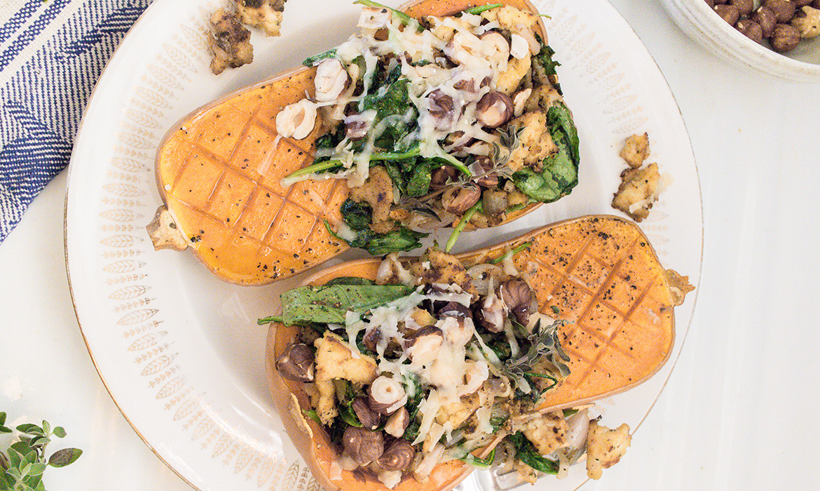 Butternut Squash Stuffed with Spinach, Parmesan, Oregano & Tofu