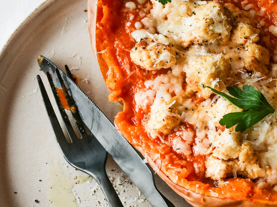 Butternut Squash Stuffed with Tomato Sauce, Parmesan & Tofu